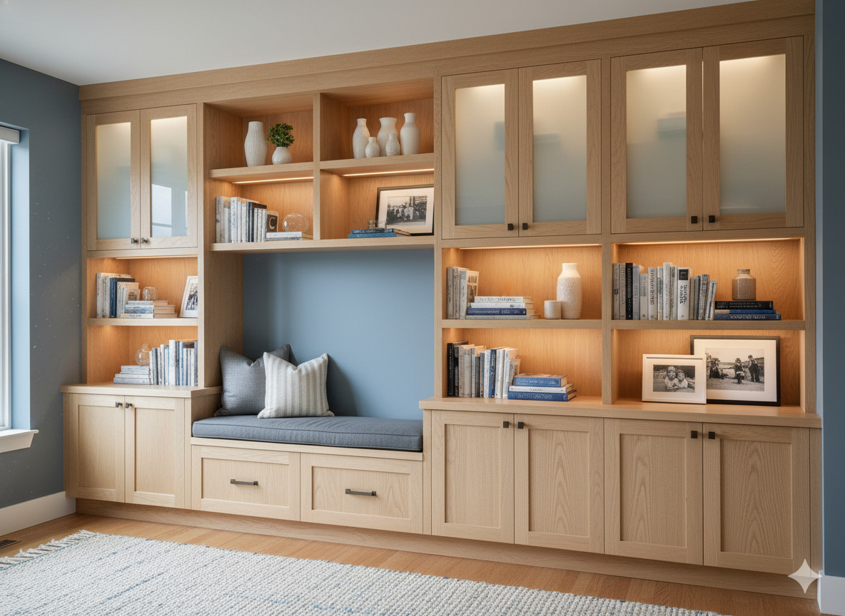 Built-in storage solution with oak finish